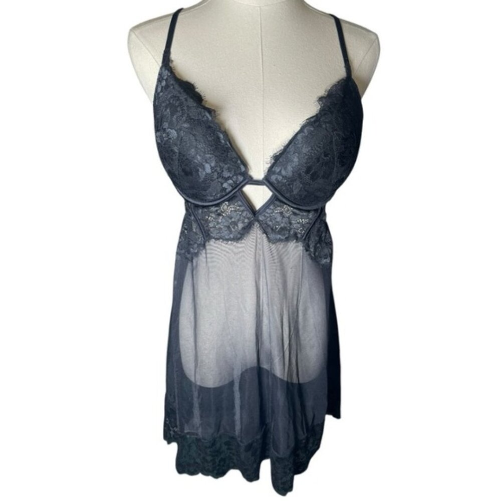 LaSenza Large Babydoll Lingerie Outfit Black Push Up Sexy Sheer Lace Chemise Bra